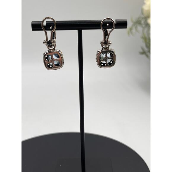 Sterling Silver 925 Faceted Blue CZ Bali Style Hoop Dangle Earrings - Picture 5 of 8